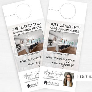 Real Estate Door Hanger, Just Listed Doorhanger, Just Listed Real Estate, Real Estate Marketing, Real Estate Farming, Realtor Door Knocking