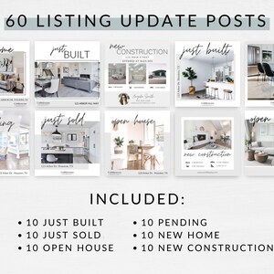 K&ouml;nnte beinhalten: Eine Collage aus 60 Social-Media-Post-Vorlagen f&uuml;r Immobilienmakler. Die Vorlagen zeigen verschiedene Arten von Immobilien, darunter neue H&auml;user, gerade fertiggestellt, in Bearbeitung, gerade verkauft, offene H&auml;user und Neubau. Die Vorlagen sind in einem modernen und minimalistischen Stil mit wei&szlig;em Hintergrund und schwarzem Text gestaltet.
