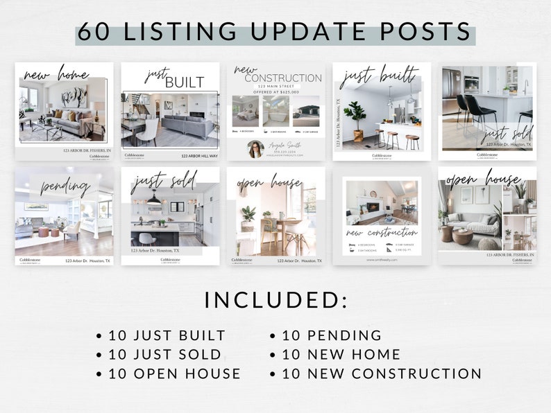 K&ouml;nnte beinhalten: Eine Collage aus 60 Social-Media-Post-Vorlagen f&uuml;r Immobilienmakler. Die Vorlagen zeigen verschiedene Arten von Immobilien, darunter neue H&auml;user, gerade fertiggestellt, in Bearbeitung, gerade verkauft, offene H&auml;user und Neubau. Die Vorlagen sind in einem modernen und minimalistischen Stil mit wei&szlig;em Hintergrund und schwarzem Text gestaltet.
