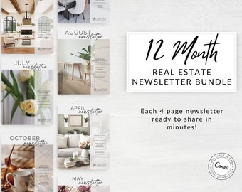 REAL ESTATE NEWSLETTER Template Bundle, 12 Month Real Estate Newsletter, Monthly Real Estate Newsletter, Newsletter Bundle Printable