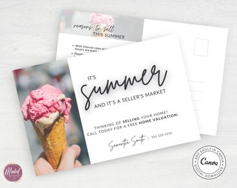 Op de afbeelding: Een stapel witte ansichtkaarten met de tekst "It's Summer and it's a Seller's Market". Eén ansichtkaart toont een foto van een roze ijsje. Het ontwerp bevat het Canva-logo en contactgegevens.