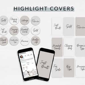 K&ouml;nnte beinhalten: Ein Satz von 18 Instagram-Highlight-Covern f&uuml;r Immobilienmakler. Die Cover sind in einer neutralen Farbpalette aus Beige und Wei&szlig; mit schwarzem Text gehalten. Der Text enth&auml;lt Phrasen wie "Verkauft", "Neu gebaut", "Markttrends" und "Tipps f&uuml;r K&auml;ufer".