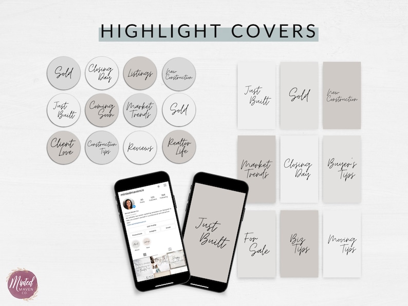 K&ouml;nnte beinhalten: Ein Satz von 18 Instagram-Highlight-Covern f&uuml;r Immobilienmakler. Die Cover sind in einer neutralen Farbpalette aus Beige und Wei&szlig; mit schwarzem Text gehalten. Der Text enth&auml;lt Phrasen wie "Verkauft", "Neu gebaut", "Markttrends" und "Tipps f&uuml;r K&auml;ufer".