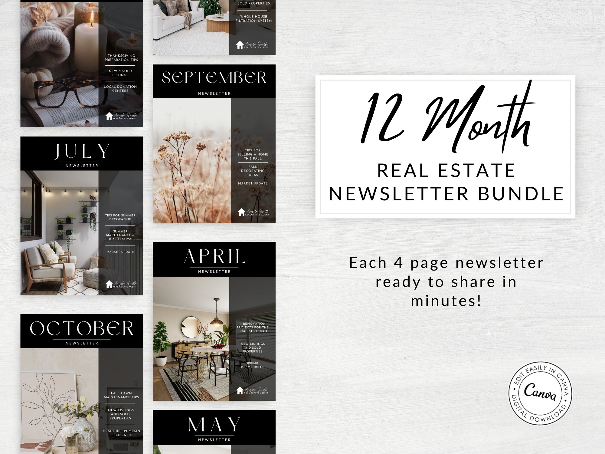 REAL ESTATE NEWSLETTER Template Bundle, 12 Month Real Estate Newsletter, Monthly Real Estate Newsletter, Newsletter Bundle Printable