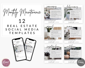 12 Real Estate Monthly Maintenance Social Media Post Templates, Real Estate Instagram, Real Estate Facebook, Real Estate Marketing