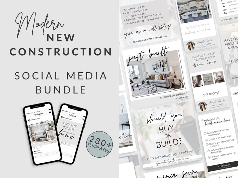 K&ouml;nnte beinhalten: Ein Social-Media-Paket f&uuml;r Immobilienmakler und Unternehmen. Das Paket enth&auml;lt &uuml;ber 280 Vorlagen f&uuml;r Instagram und andere Social-Media-Plattformen. Die Vorlagen zeichnen sich durch moderne Designs mit einem Grau- und Wei&szlig;farbschema aus. Der Text auf den Vorlagen enth&auml;lt S&auml;tze wie "gerade gebaut", "Sollten Sie kaufen oder bauen?" und "Tr&auml;umen Sie davon, bauen Sie es zu Hause".