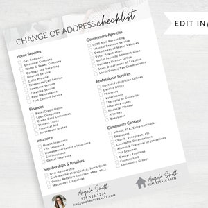 May include: A checklist for changing your address, with categories for home services, finances, insurance, memberships and retailers, government agencies, professional services, and community contacts. The checklist is designed to be edited in Canva.
