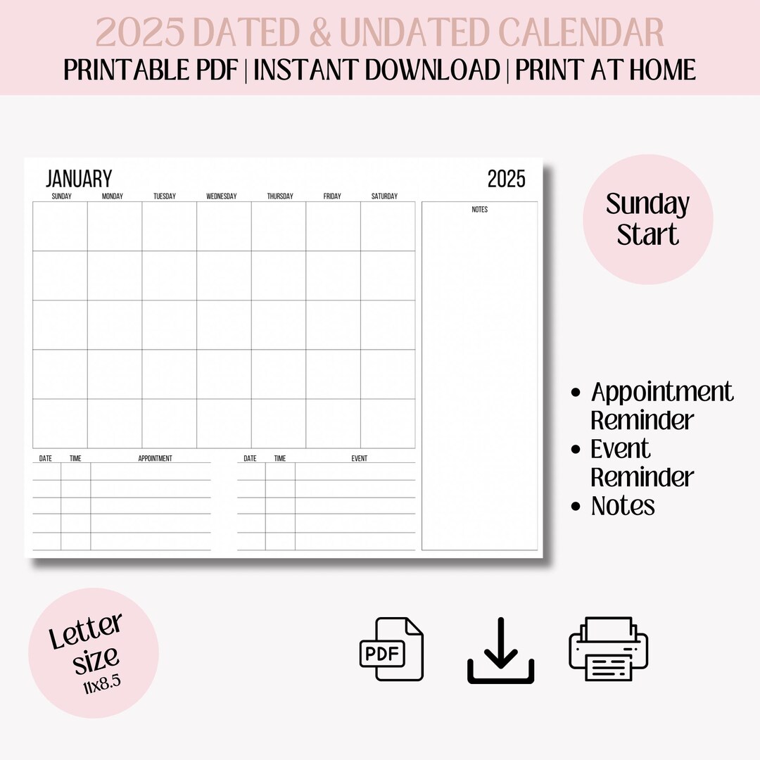 2025 Printable Dated and Undated Calendar, 2025 Calendar, Printable ...
