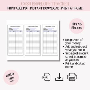 Cash Envelope Trackers, Money Tracker, Spending Tracker, Savings Tracker, Printable Cash Transaction Register, Cash Envelope Printable