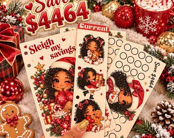 May include: A set of cream-coloured Christmas savings challenge trackers featuring illustrations of a character with curly hair in holiday attire, the text "Save $4464", "Sleigh my savings", and "Current", along with circular icons for tracking.