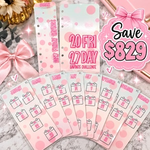 May include: A set of laminated savings challenge trackers featuring a light pink and white polka dot pattern. The cards include text such as 2027 Friday Savings, 20 27 Fri Day Savings Challenge, and Save $829, along with monthly calendar icons.