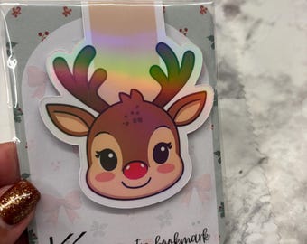 Holographic Reindeer Bookmark: Magnetic Page Marker, Teacher Gift | Stocking Stuffer