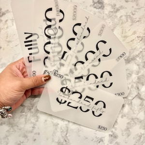 May include: A hand holding several translucent gift cards with varying amounts printed in black, including $250, $500, $1000, $1500, and $2000. The cards also feature the words "Fully Funded".