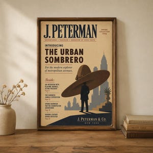 Może przedstawiać: Oprawiony wydruk okładki katalogu J. Peterman z kolekcji wiosennej 1996 roku. Plakat przedstawia sylwetkę osoby w dużym sombrero na tle panoramy miasta, z tekstem zawierającym tytuł The Urban Sombrero oraz nazwę firmy J. Peterman & Co.