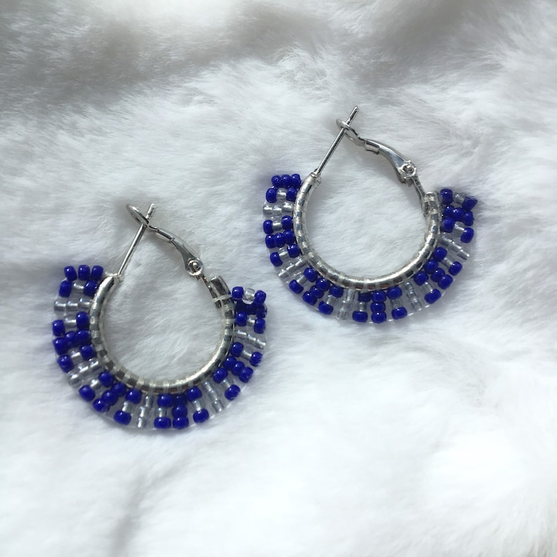Handmade Beaded Hoop Earrings Seed Beaded Jewelry Blue And Silver Colours Leaver Backing