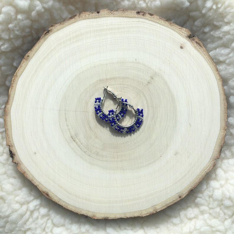 Handmade Beaded Hoop Earrings Seed Beaded Jewelry Blue And Silver Colours Leaver Backing