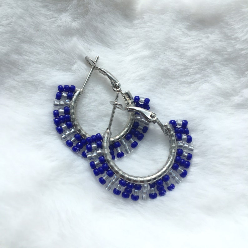 Handmade Beaded Hoop Earrings Seed Beaded Jewelry Blue And Silver Colours Leaver Backing