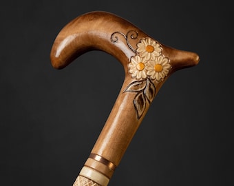 Walking Cane for Ladies Chamomile Flower, Hand-carved pretty cane with Floral Design with intricate detailing, Rubber tip