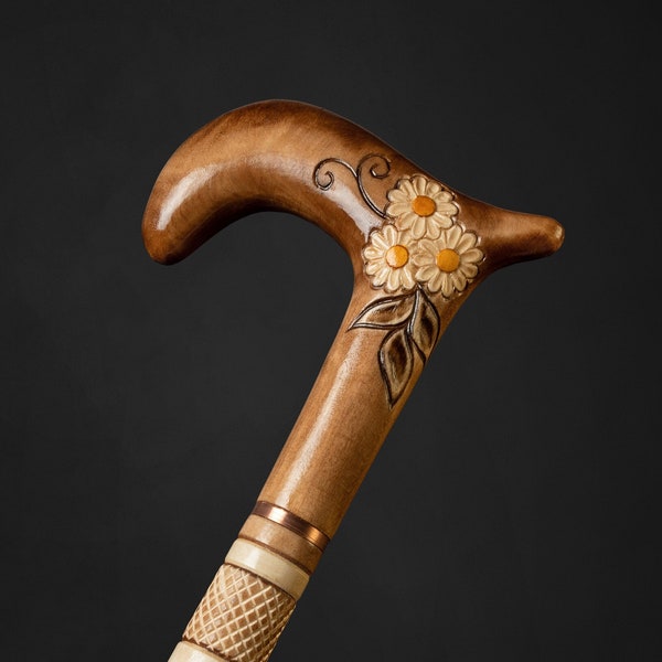 Walking Cane for Ladies Chamomile Flower, Hand-carved pretty cane with Floral Design with intricate detailing, Rubber tip