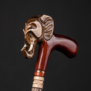 Wooden Walking Cane Elephant For Men and Women,  Hand Carved Stick Animal Handle Best Gift For Ded Mom, Handmade