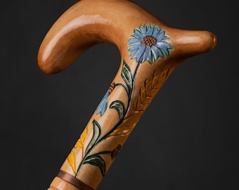 Walking Cane for Ladies Cornflowers Flower, Hand-carved style cane with Floral Design with intricate detailing, Rubber tip