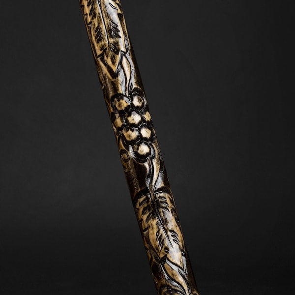 Black Elegant Walking Stick for Ladies Vine, Hand Carved Cane for Balance - Ornamental Grapevine Design