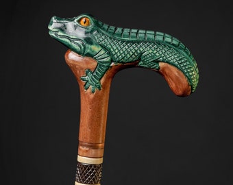 Walking Cane for Men's Fancy Handle Alligator Crocodile Wooden Walking Stick, Predator Artwork Cane Staff Gift for Men