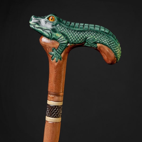 Walking Cane for Men's Fancy Handle Alligator Crocodile Wooden Walking Stick, Predator Artwork Cane Staff Gift for Men