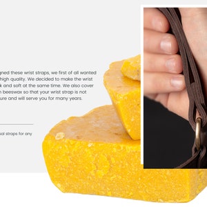 May include: Close-up of a brown leather wrist strap with a brass buckle. The strap is being held by a hand and is resting on top of a stack of yellow beeswax blocks. The text "PORTNYI" is visible in the background.
