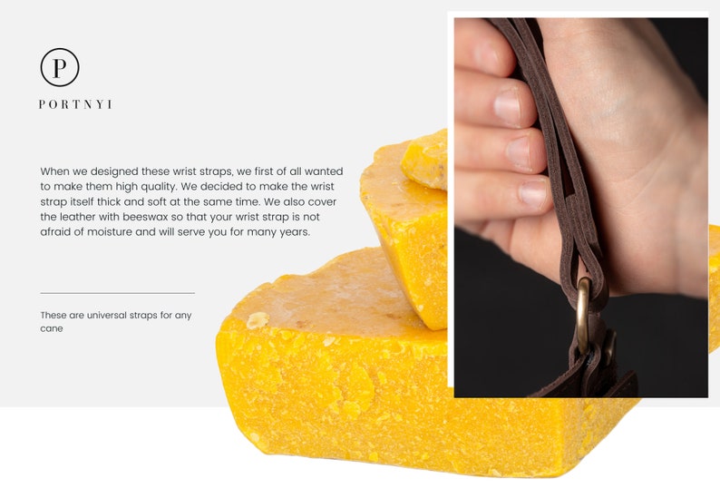 May include: Close-up of a brown leather wrist strap with a brass buckle. The strap is being held by a hand and is resting on top of a stack of yellow beeswax blocks. The text "PORTNYI" is visible in the background.