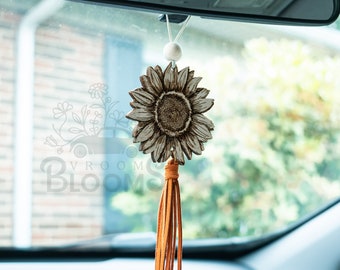 SUNFLOWER CAR CHARM | Car Charm | Rear View Mirror Charm | Car Accessories | Rear View Mirror Hanger with Suede Tassel | Sunflower Car Decor