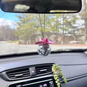 Ciondolo per auto a forma di palla da discoteca con cappello da cowboy / Mini cappello da cowboy / Palla a specchio / Gancio per specchietto retrovisore