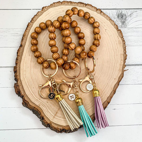 Wood Bead Keychain | Wooden Bangle Key Chain | Large Bead Bracelets for Women with Suede Tassel Boho Keychain | Boho Gift | Light Keychain