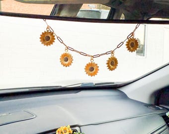 SUNFLOWER CAR CHARM | Rear View Mirror Hanger | Car Accessories | Rear View Mirror Hanger with Gold Charms | New Car Gift | Sunflower Gift