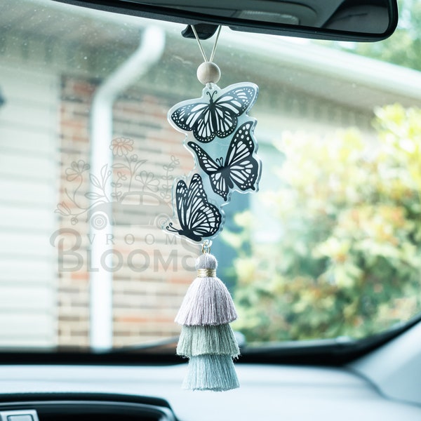 BUTTERFLY CAR CHARM | Rear View Mirror Charm | Car Accessories | Rear View Mirror Hanger with Tassel | Acrylic Car Charm