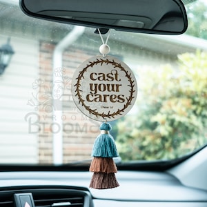 CAST JE ZORGEN Auto Charm | Auto charme | Achteruitkijkspiegel Charm | Auto-accessoires | Achteruitkijkspiegelhanger met kwastje | Christelijke auto charme