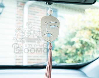 FACE LINE ART Car Charm | Rearview Mirror Charm | Car Accessories | Rearview Mirror Hanger with Tassel | Abstract Art Car Charm