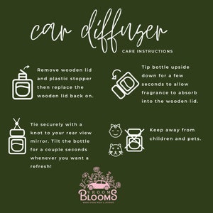 May include: Instructions for using a car diffuser with a wooden lid and a bottle of fragrance. The instructions include how to tie the diffuser to the rear view mirror, how to tip the bottle upside down to allow the fragrance to absorb into the wooden lid, and how to keep the diffuser away from children and pets. The image also includes the brand name "Vroom Blooms" and the tagline "Make every ride a joyride."