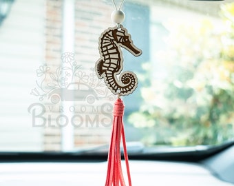 SEAHORSE CAR CHARM | Rearview Charm | Car Accessories | Rearview Mirror Hanger with Tassel | Positivity Car Charm | Wooden Beach Car charm