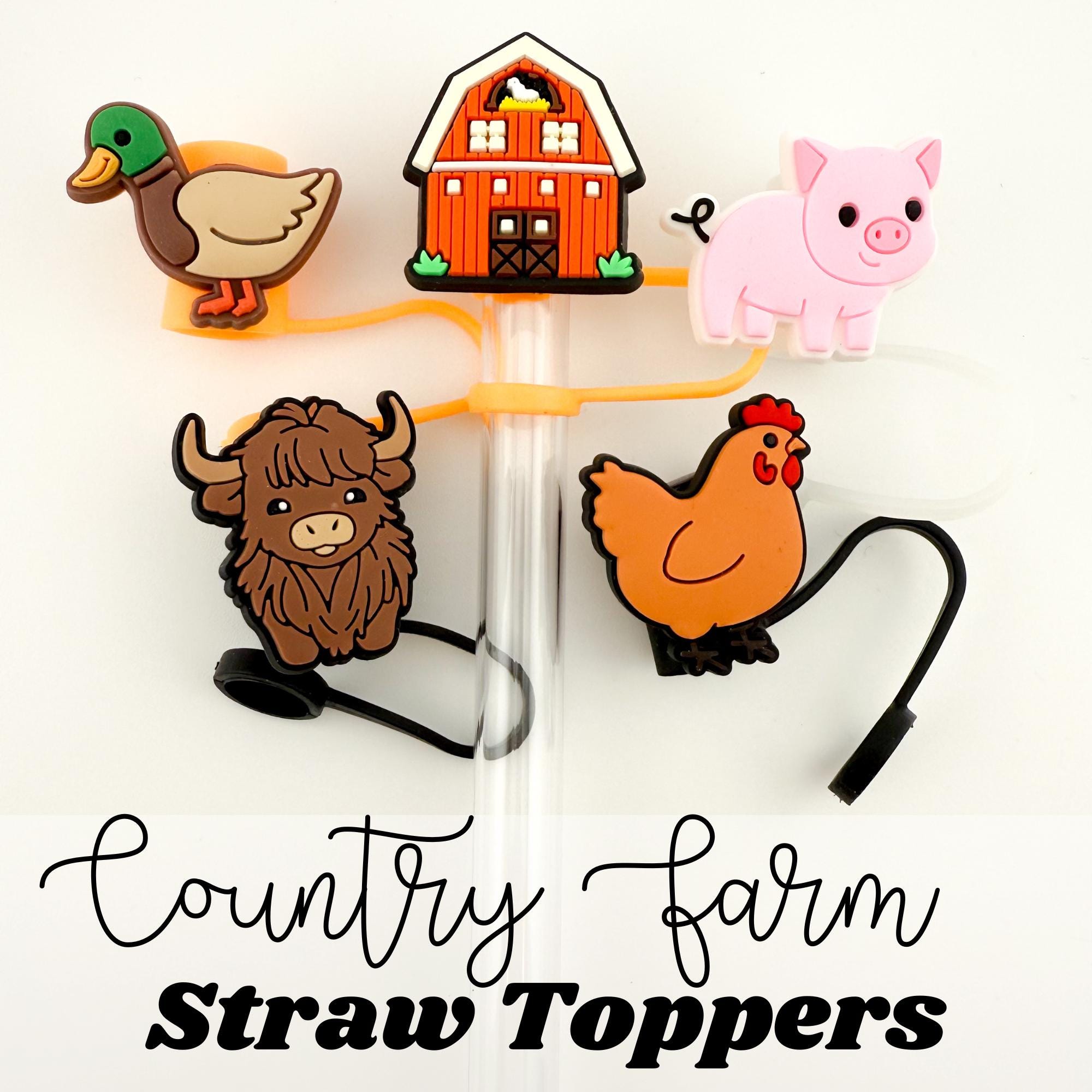 Country FARM STRAW TOPPERS | Tumbler Accessories | Gifts for Her | Farm Accessories | Cow Pig Chicken Straw Cap | Galentines Valentines Gift