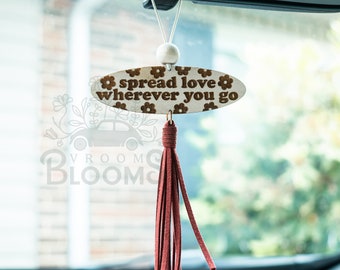 SPREAD LOVE Car Charm | Rearview Charm | Car Accessories | Rearview Mirror Hanger with Tassel | Positivity Car Charm | Wooden Car Charm