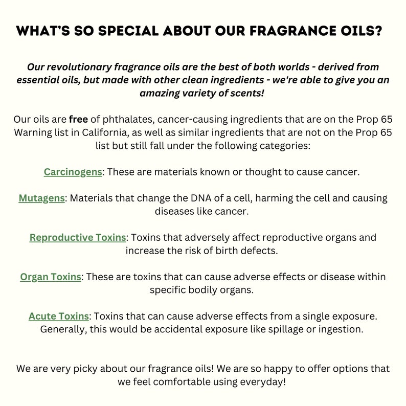 May include: Text on a white background reads "WHAT'S SO SPECIAL ABOUT OUR FRAGRANCE OILS?" followed by details about fragrance oils, including being free of phthalates and cancer-causing ingredients. It lists categories like Carcinogens and Mutagens.