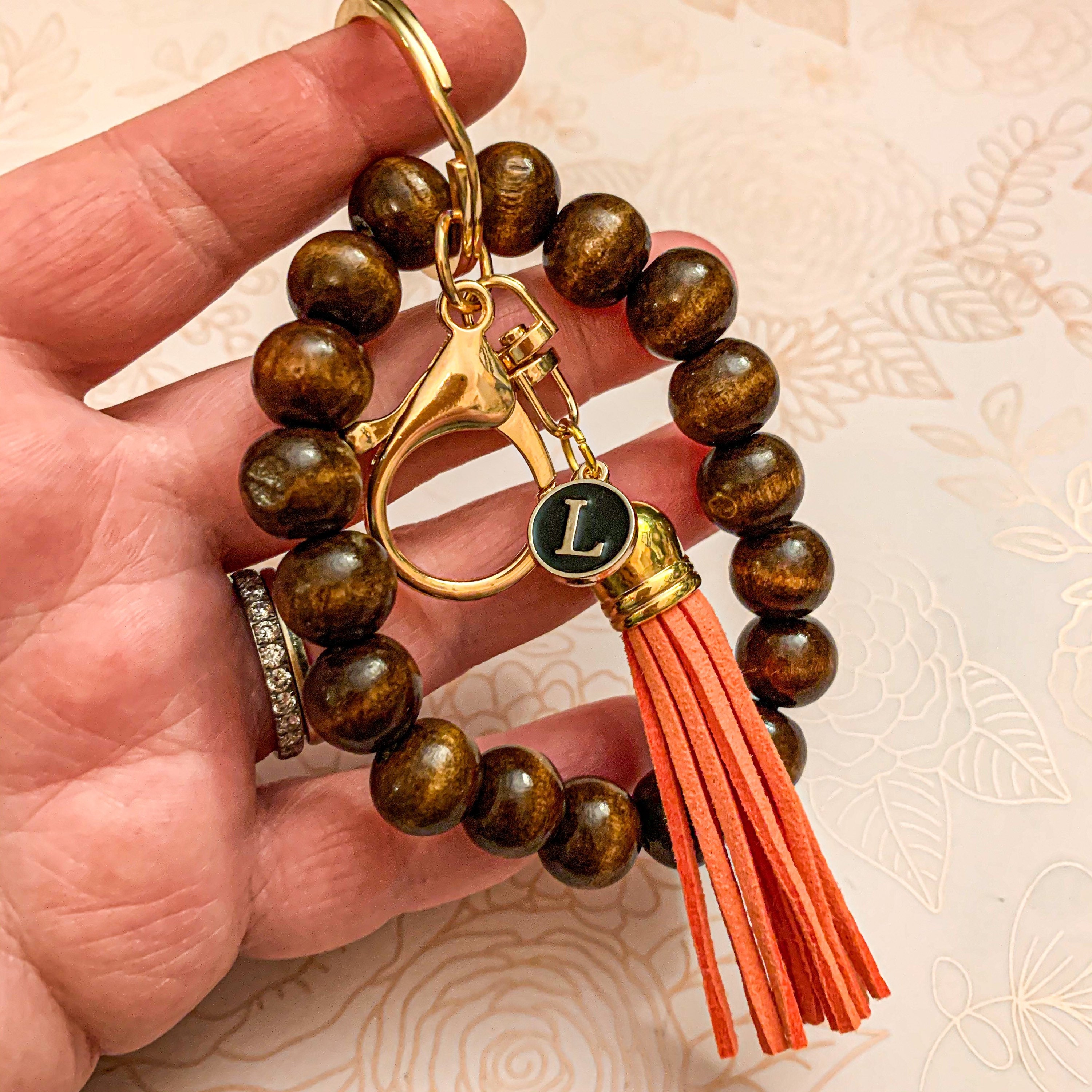 Wood Bead Keychain Bracelet Wooden Bangle Key Chain Large Etsy