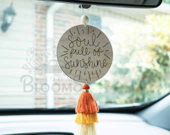 SOUL FULL of SUNSHINE | Rearview Mirror Charm | Car Accessories | Rearview Mirror Hanger with Tassel | Handmade Car Charm | Wooden Car Charm
