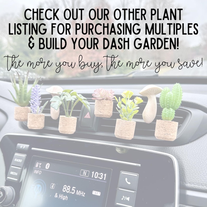May include: A collection of miniature artificial plants, including succulents, a mushroom, and a cactus, displayed in small cork pots. The plants are arranged on a car's dashboard vent. Text on the image reads: "CHECK OUT OUR OTHER PLANT LISTING FOR PURCHASING MULTIPLES & BUILD YOUR DASH GARDEN! The more you buy, the more you save!"