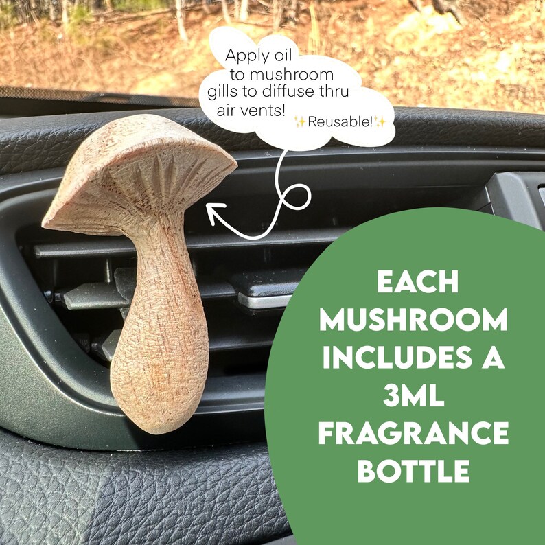 Mushroom CAR AIR FRESHENER Hand Carved Wood Mushroom Diffuser For Essential & Fragrance Oils Wood Car Air Freshener Cottage Core image 2