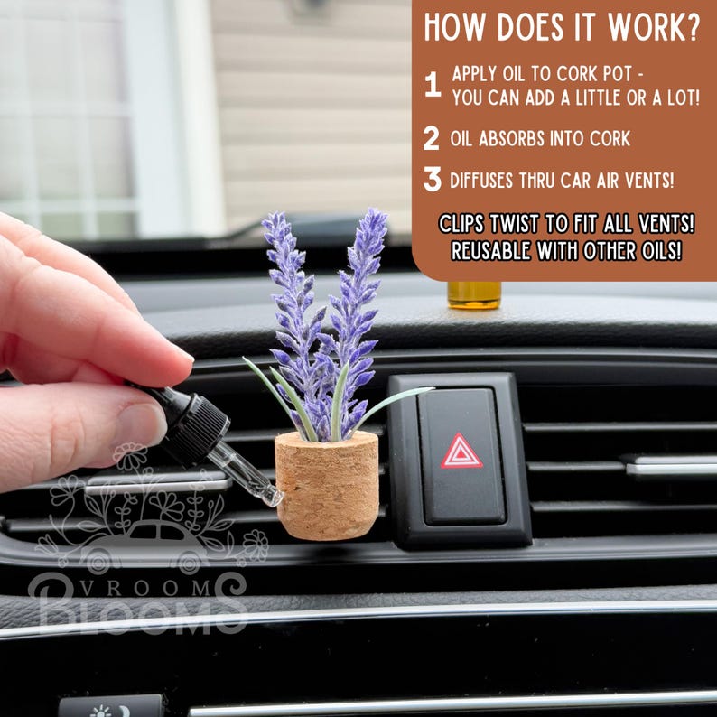 May include: A car air vent diffuser featuring a small cork pot with purple lavender. The diffuser is designed to hold essential oils and clips into car vents. The image includes text that says "HOW DOES IT WORK?" and "VROOM".