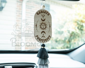 RADIATE POSITIVITY | Car Charm | Rear View Mirror Charm | Car Accessories | Rear View Mirror Hanger with Tassel | Wooden Car Charm