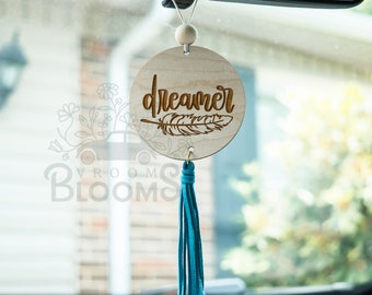 DREAMER CAR CHARM| Rearview Charm | Car Accessories | Rearview Mirror Hanger with Tassel | Boho Car Charm | Wooden Car Charm