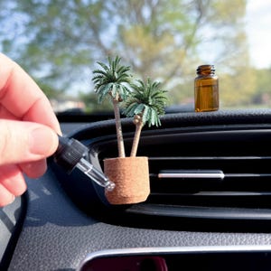 May include: A small palm tree air freshener in a brown pot, placed on a car dashboard. An amber bottle and a dropper are also visible. The palm tree has green leaves and brown trunks. The car's air vent is in the background.